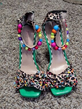 Betsey Johnson Almma Leopard Beaded T-Strap Heels with Green Soles